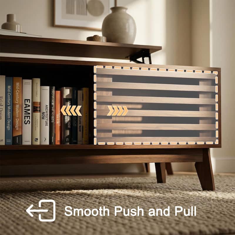 35.4"Lift Top Coffee Table with Storage, Mid Century Modern Coffee Table with Slatted Sliding Door and Hidden Compartment