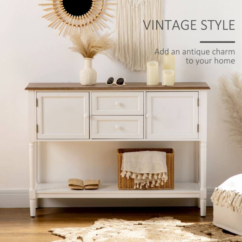 Console Table with Drawers, Vintage Entryway Table with 2 Drawers, Cabinets and Bottom Shelf - White