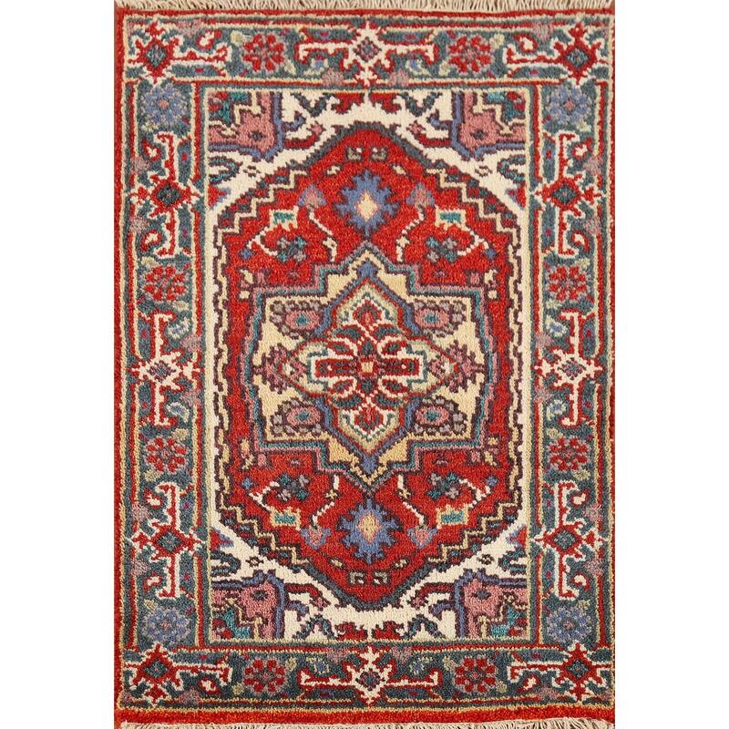 Geometric Heriz Serapi Indian Accent Rug Handmade Red Wool Carpet - 2'0" x 3'0"