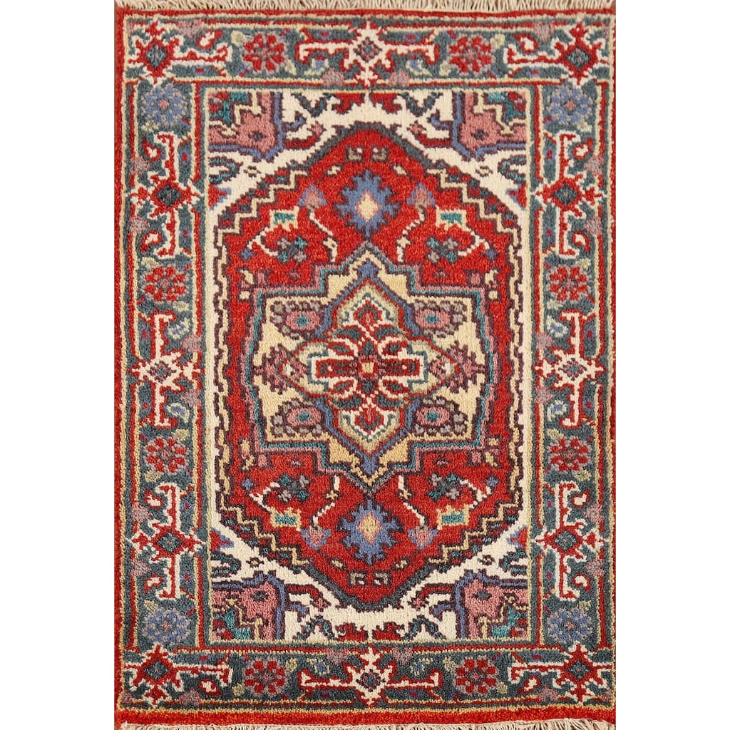 Geometric Heriz Serapi Indian Accent Rug Handmade Red Wool Carpet - 2'0" x 3'0"