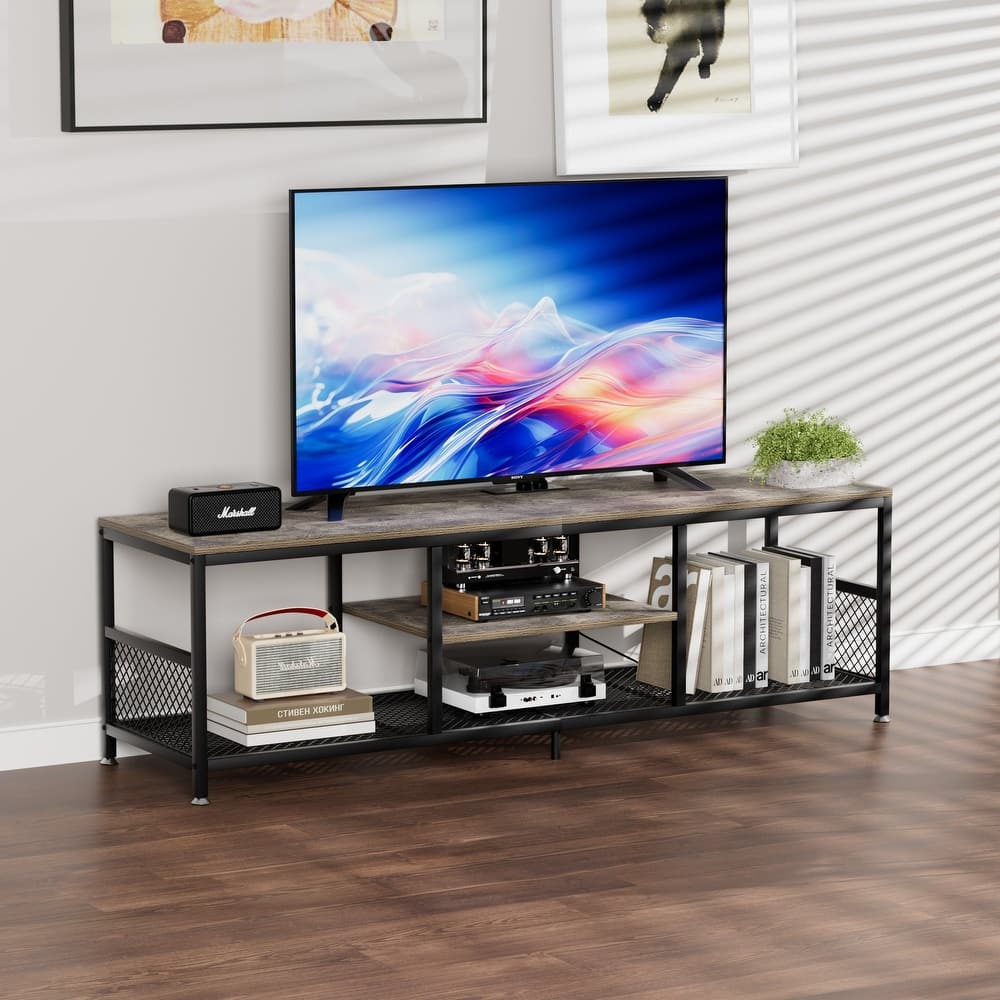 VECELO 55 Inch Grey TV Stand TV Media Console Table Entertainment Center with Power Outlets and Open Storage Shelves