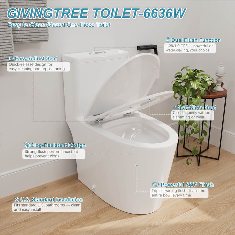 One-piece 1.0/1.28 GPF High Efficiency Dual Flush Elongated Toilet in Gloss White - N/A