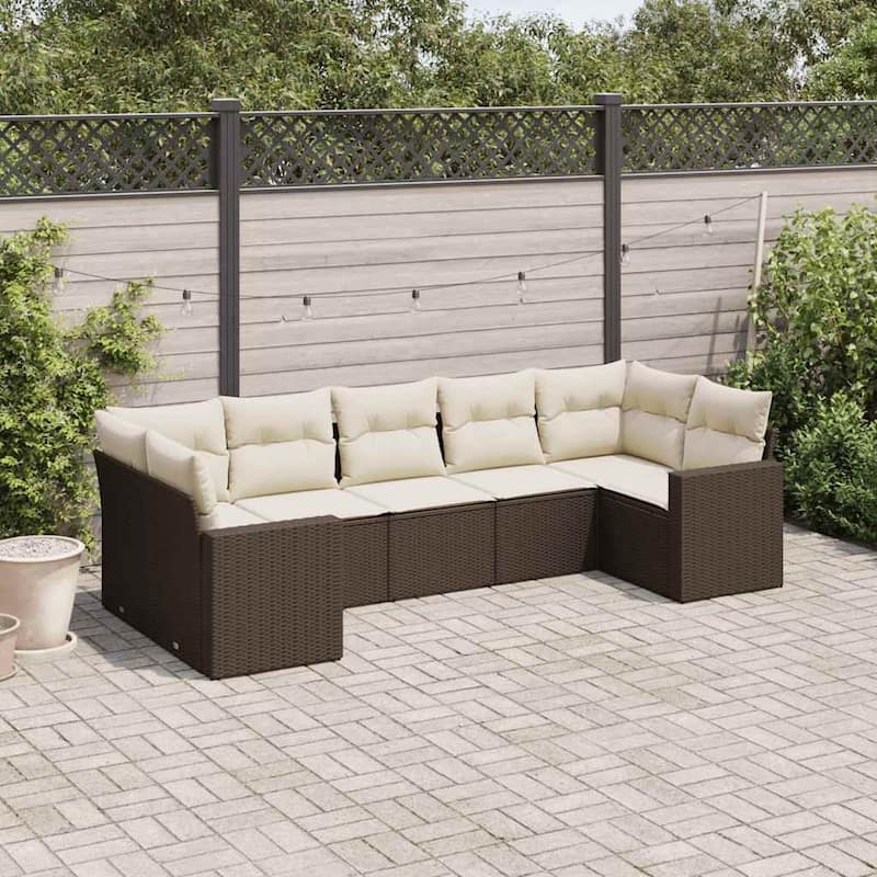 vidaXL Patio Sofa Set with Cushions Outdoor Furniture 7 Piece Poly Rattan - 24.4 x 25.8 x 27.2 - Brown and cream