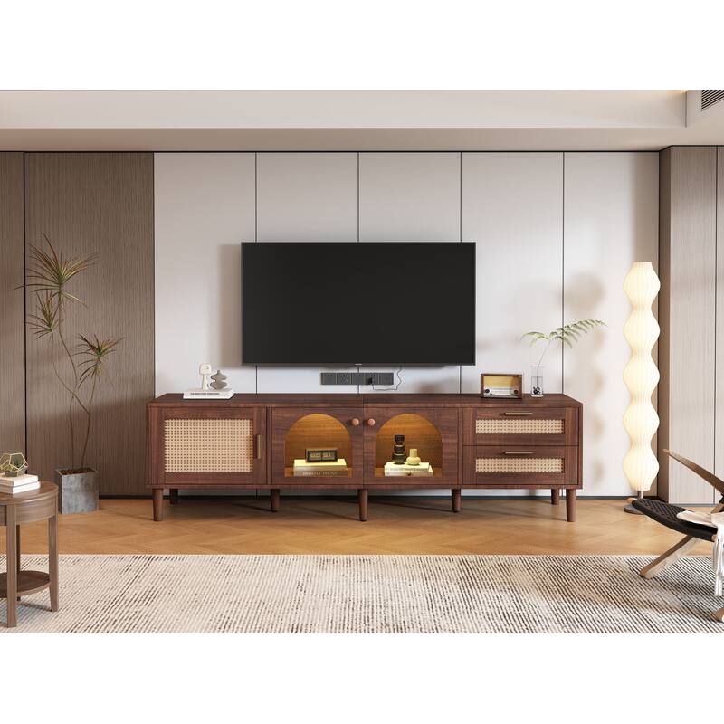 70 inch TV Stand for TVs up to 80", Entertainment Center with App Controlled LED Lights, 2 Drawers & Glass Door Storage