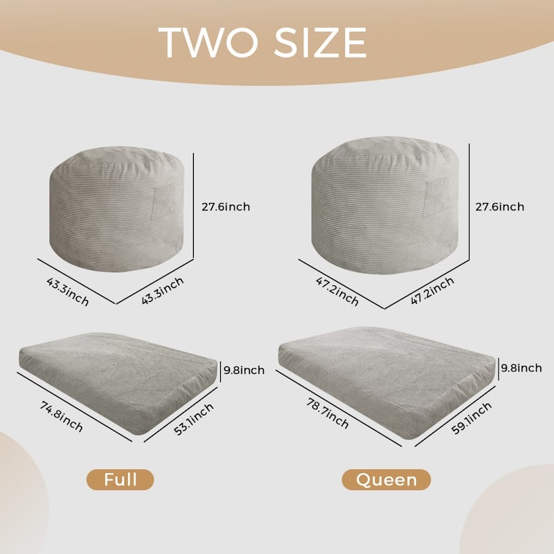 Giant Bean Bag, Corduroy Convertible Beanbag Folds from Lazy Chair to Floor Mattress Bed
