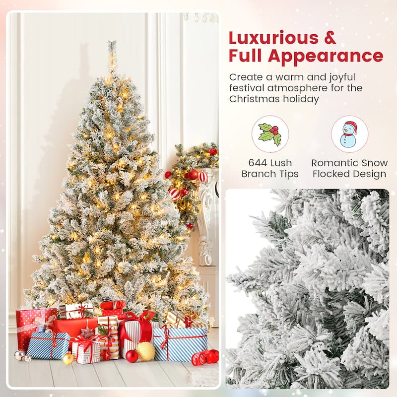 Gymax 6/7/8 FT Pre-Lit Snow-Flocked Xmas Tree 3-Minute-Setup