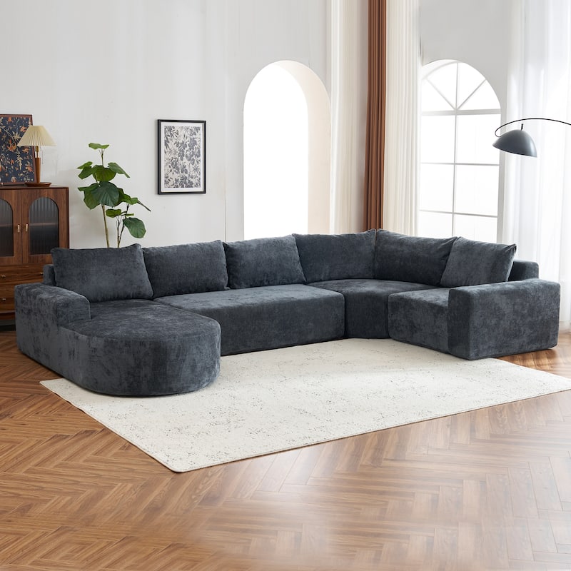 Chenille U-shaped Sofa, Cloud Sectional Sofa Set Upholstered Deep Seat Couches with 6 Pillow Recliner Sofa for Living Room