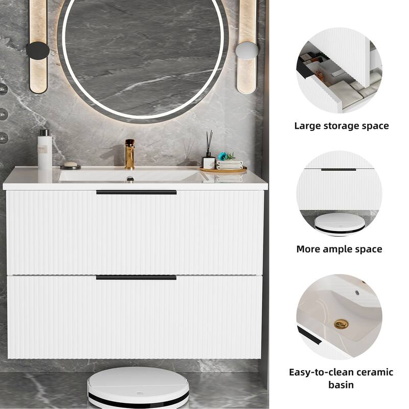 36" Floating Bathroom Vanity with Ceramic Sink - Wall Mounted Fluted Vanity Cabinet with Drawers, Modern Design