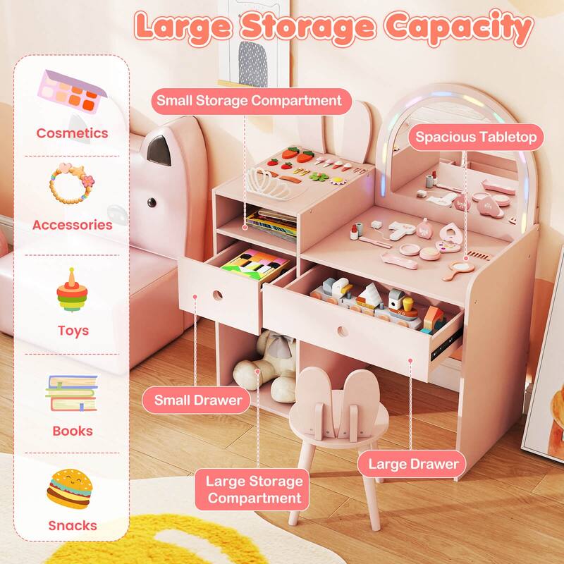 Costway Princess Bunny Makeup Table with Lighted Mirror, Open Shelves - See Details