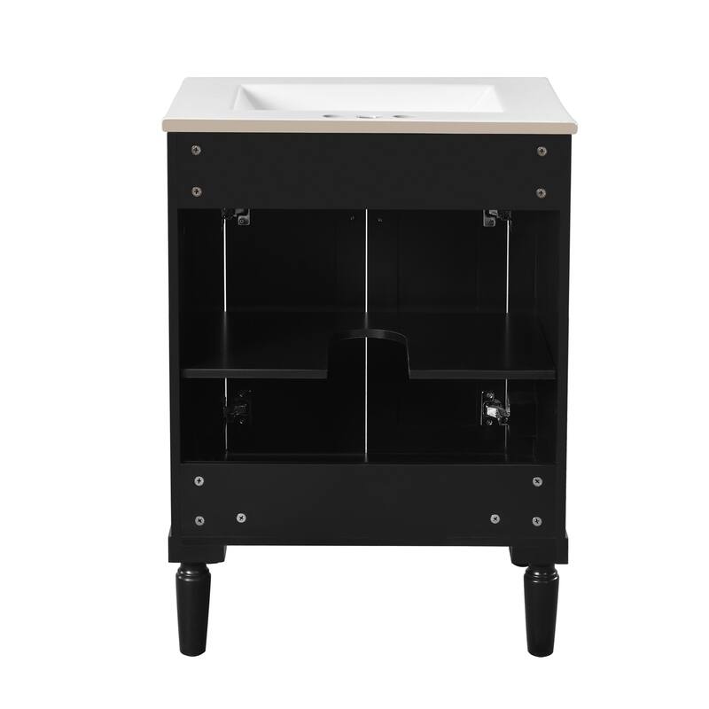 24 Inch Bathroom Vanity with Ceramic Top Sink, Freestanding Single Sink Vanity with Storage Shelves, Modern Style