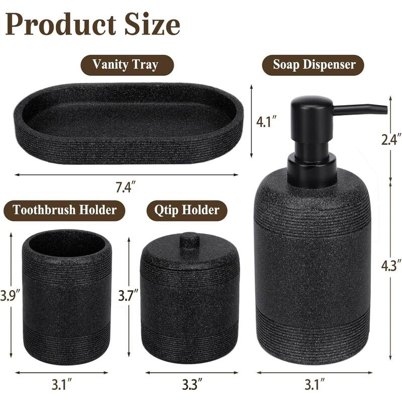 4-piece black bathroom accessories set with soap dispenser, toothbrush holder, medicine bottle, tray