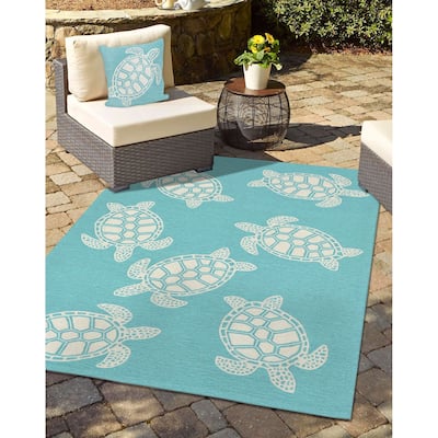 Liora Manne Frontporch Turtle Indoor/Outdoor Pillow Aqua 18" Square