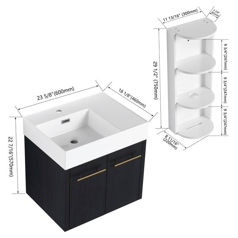 Wall mounted bathroom vanity with sink and storage shelf