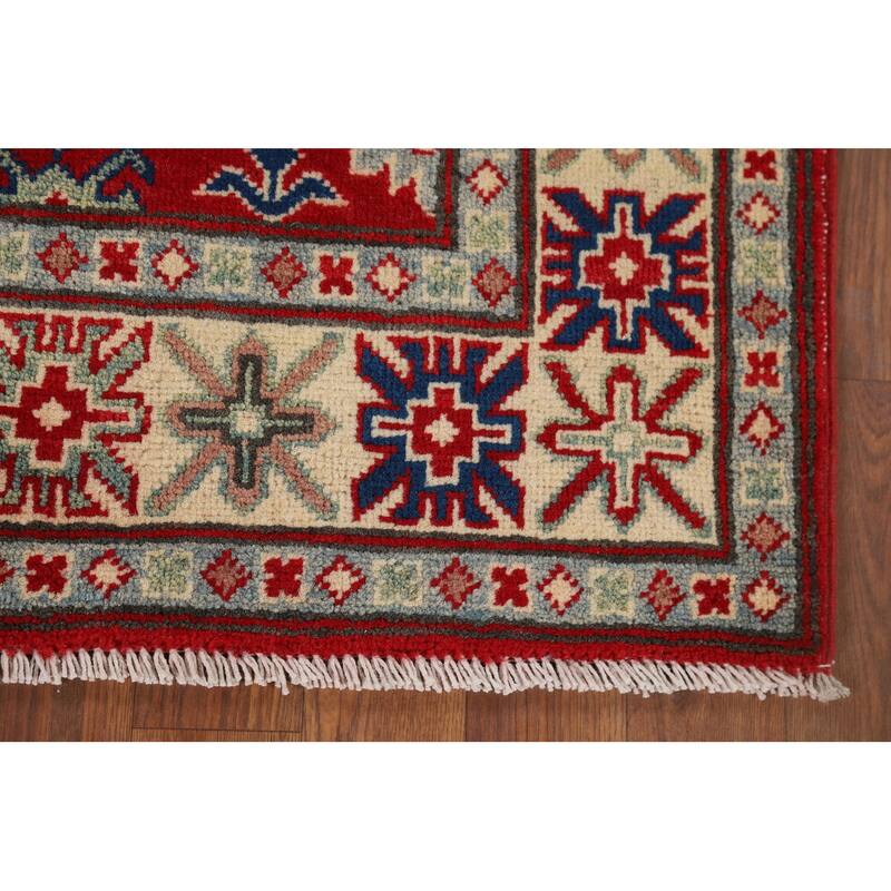 Geometric Red Kazak Accent Rug Handmade Wool Carpet - 3'4" x 5'3"