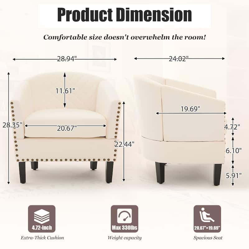 HOMEFUN Leather Upholstered Nailhead Wooden Frame Barrel Club Chair with Solid Woood Legs