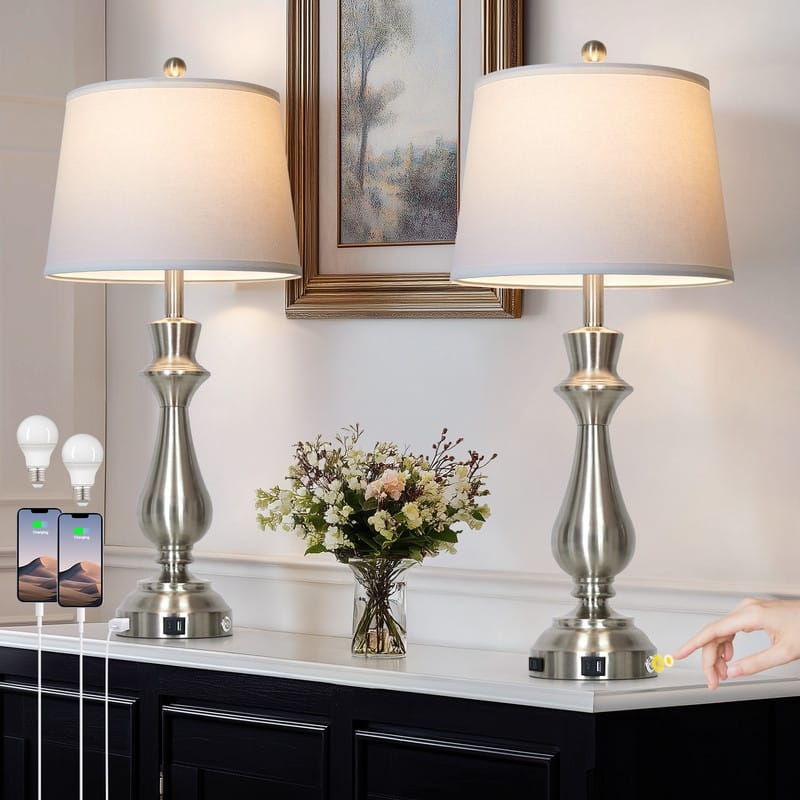 Modern 30-Inch Table Lamps with Touch Control, USB & Type-C Ports, and AC Outlet (Set of 2)