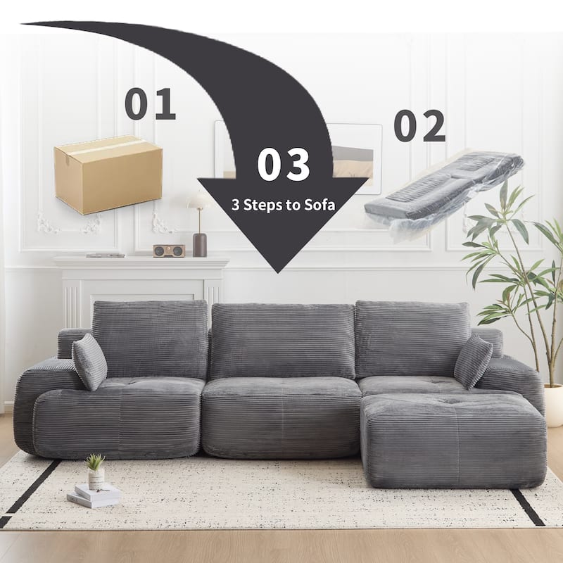Ergonomic Deep Seat L-shaped Sectional Sofa with Chaise, Pet-Friendly Corduroy Modular Memory Foam Compressed Couch with Ottoman