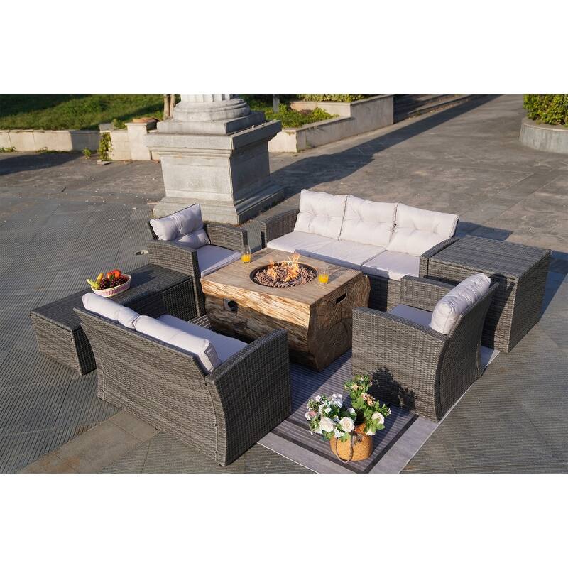 7-Piece Outdoor Wicker Conversation Sofa Set with Fire Pit - Rectangular brown table (W40"xD36.5"xH23.8")