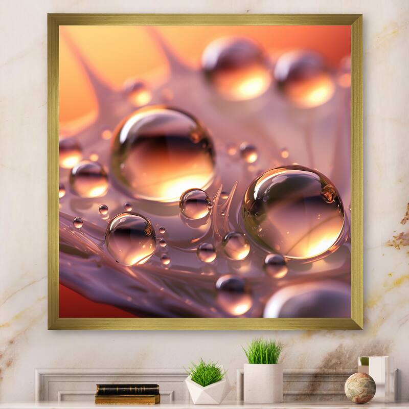 Designart "Morning Dew Drops On Pink Flower Petal" Flowers Framed Wall Art Prints - 36 in. wide x 36 in. high - Gold