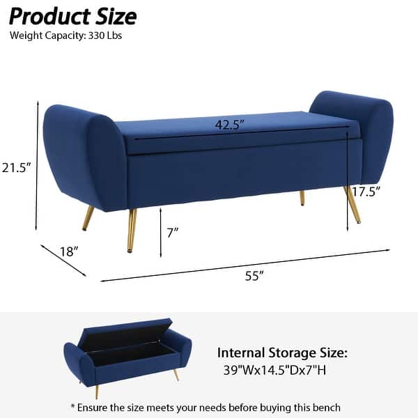 dimension image slide 15 of 20, Upholstered 55"W Flip Top Storage Bench Bedroom Bench Modern End of Bed Bench for Entryway Hallway Window with Gold Legs