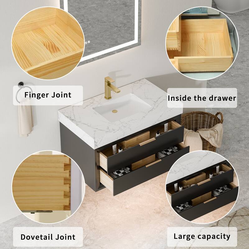 Modland 36" Wall-Mount Vanity with LED Light & 2 Soft-Close Drawers - Solid Oak, Black,White,Blue,Green - 36 inch