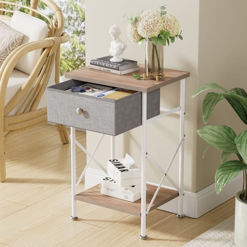 Javlergo Set of 1 or 2 Modern X-Shape End Table with Removable Fabric Drawer & Open Shelf for Living room bedroom study room