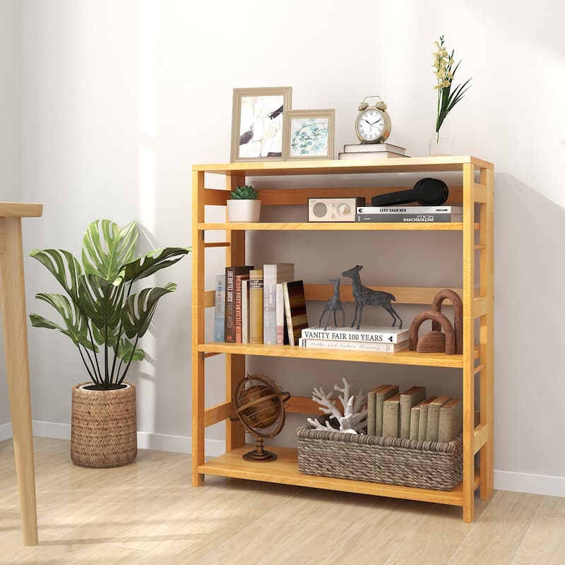 Gymax 4-Tier Bookshelf Floor Storage Shelf w/ Rubber Wood Frame