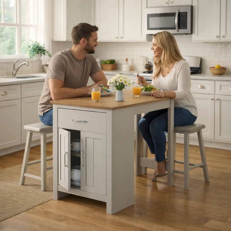 3 Piece Dining Table Kitchen Island with Storage, Counter Stools, Gray