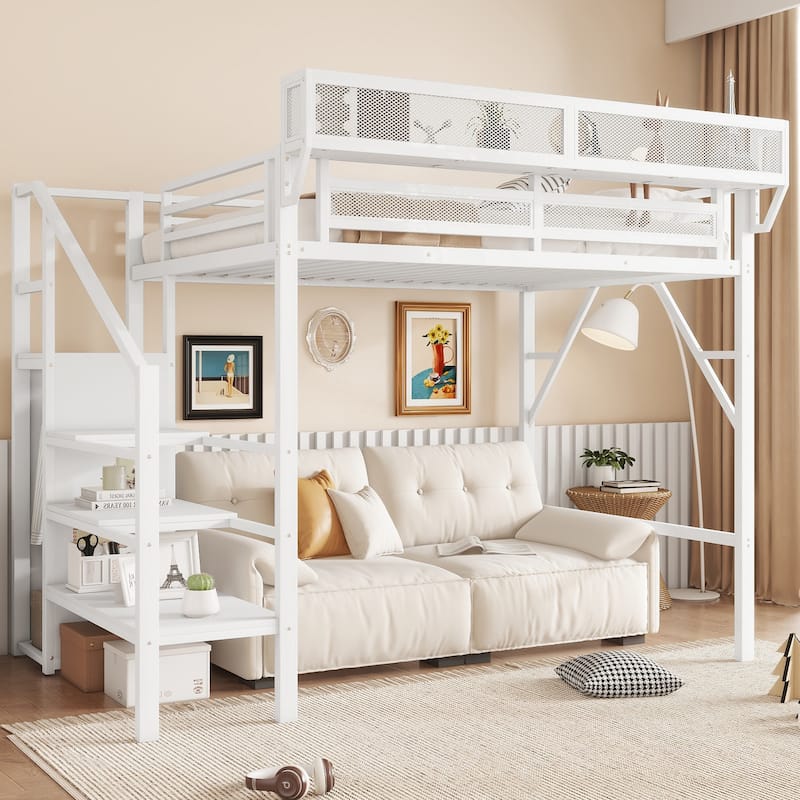 Metal Loft Bed with Wooden Stairs Built-in Storage Shelves and Wardrobe, High Loft Bed Frame with Side Grid Storage Rack