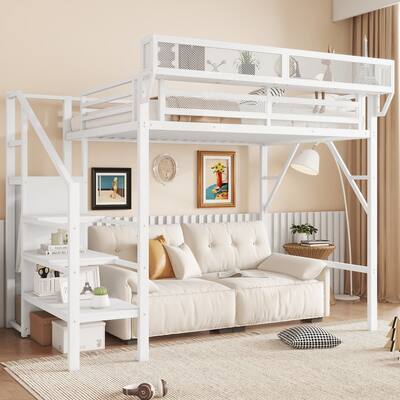 Twin Size Loft Bed with Stairs, Metal Full Loft Bed with Storage Shelves, High Loft Bed with Wardrobe for Kids Teens