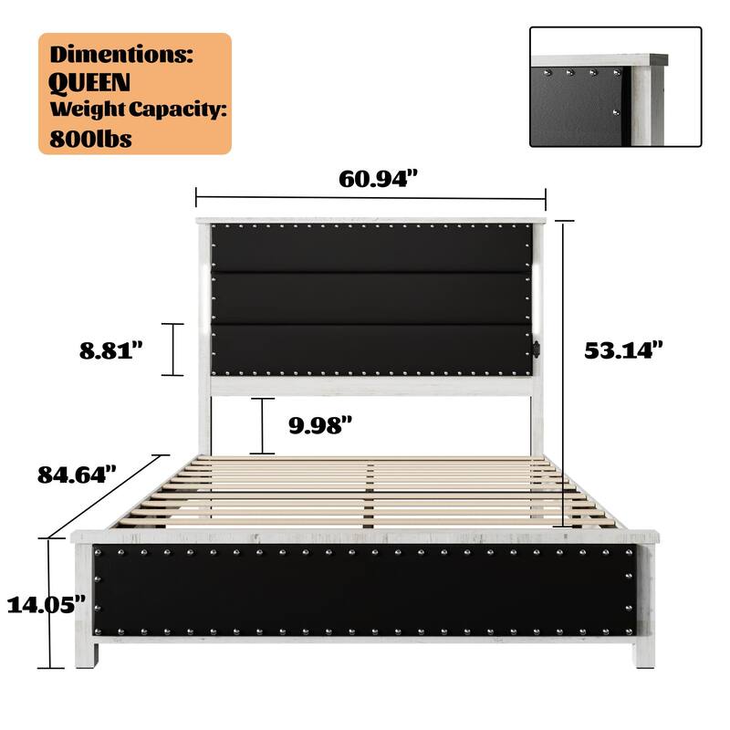 Queen Size Bed Frame with Upholstered Headboard, Queen Bed Frame with Charging Station and LED Lights, Wood Slats