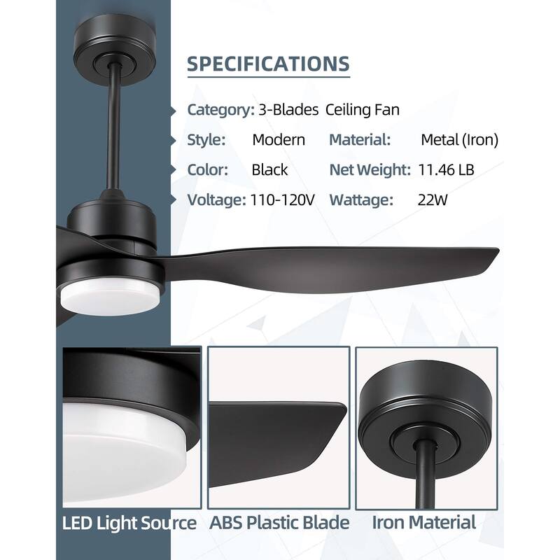 52-inch 3-Blade Ceiling Fan with Light and Remote Control - Black
