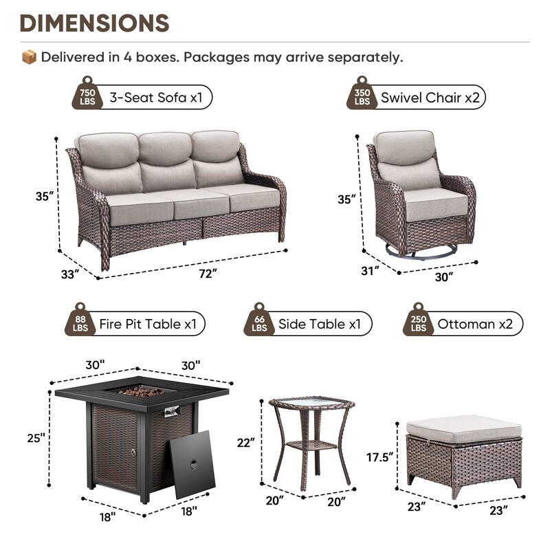 Pocassy 6/7PCS Patio Sofa Swivel Chair with 30" Fire Pit Tab;e