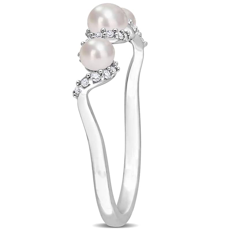Miadora Cultured Freshwater Pearl and 1/10ct TDW Diamond Swirl Ring in 14k White Gold