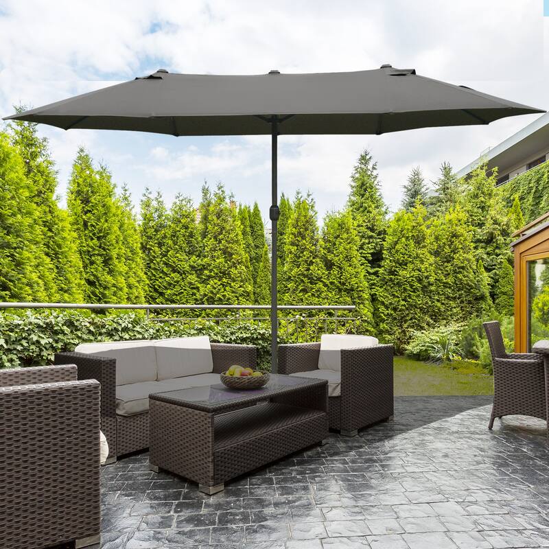 Outsunny Patio Umbrella 15' Steel Rectangular Outdoor Double Sided Market with base, UV Sun Protection & Easy Crank - Dark Grey