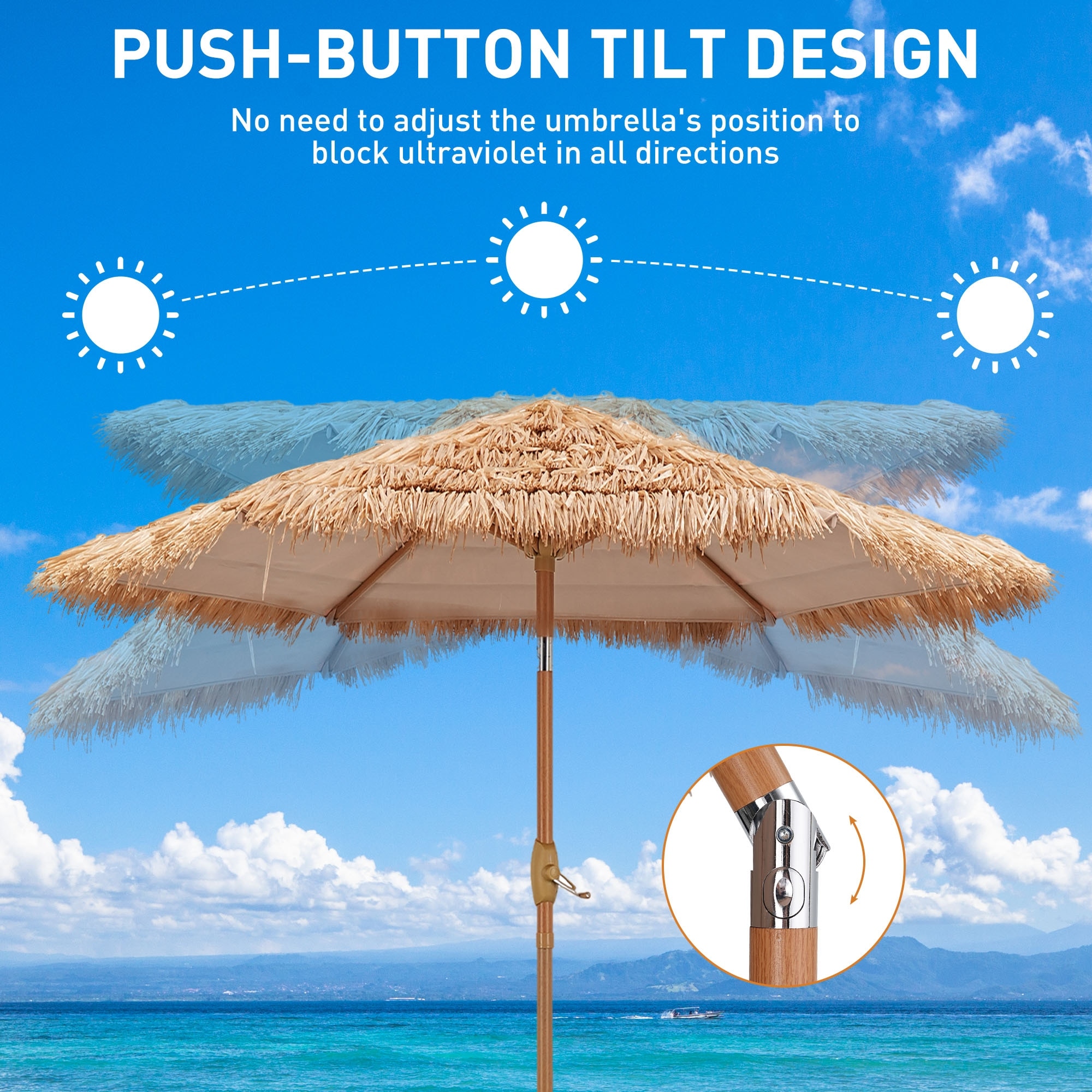 hula patio umbrella Ainfox 7.5ft Thatched Tiki with 18 Solar LED Lights, 6 Ribs, Push Button Tilt (No Base) layer fabric for extra sun protection Ainfox 7.5ft Hula Thatched Tiki