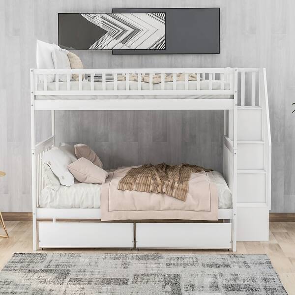 slide 2 of 10, Full over Full Bunk Bed with Drawers, Storage, and High Guardrails, White White
