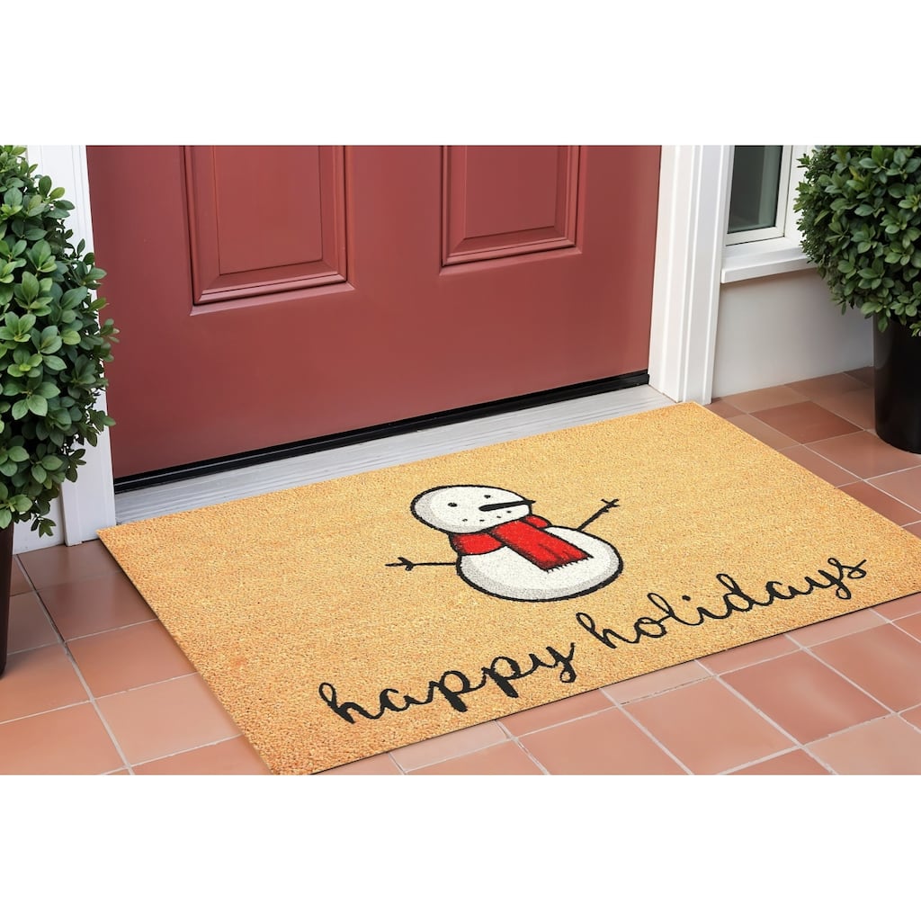 HomeRoots 17" X 29" Natural And White Coir Snowman Outdoor Christmas Door Mat - 17' X '29