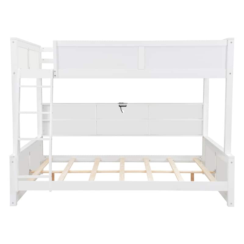 Twin XL / Full XL over Queen Size Bunk Bed with Storage Cabinets and Ladder, Multi-functional Kids Bed Frame with USB Ports