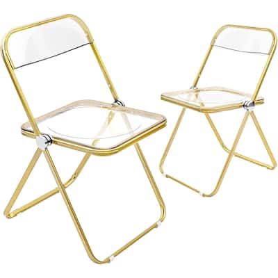CangLong Modern Acrylic Stackable, Plastic Folding Dining Room Armless Chairs with Gold Metal Frame, Set of 2,Transparent