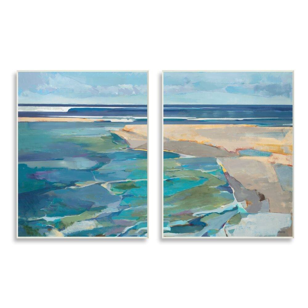 Stupell Pastel Blue Seascape with Rocky Coast Painting 2pc Multi Piece Wood Wall Art Set Beige