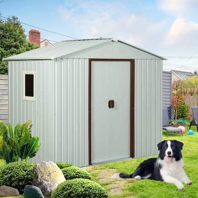Patio Lawn Outdoor Storage Waterproof Shed with Metal Foundation Double Sliding Lockable Doors and 4 Plastic Vents, White