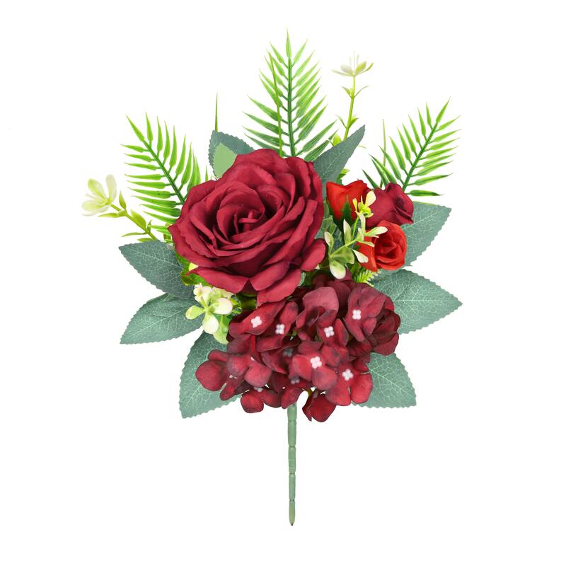 Set of 4 Burgundy Red Artificial Delicate Mixed Rose Hydrangea Flower Stem Bush Bouquet 11in - 11" L x 9" W x 6" DP - Burgundy Red - 11" L x 9" W x 6" DP