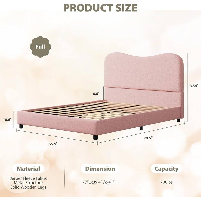 Upholstered Boucle Bed Frame with Headboard, No Box Spring Needed, Pink