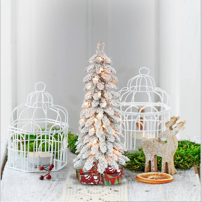 Pre-Lit Flocked Pencil Alpine Artificial Christmas Tree - 3’ - Clear Lights - 3 Foot