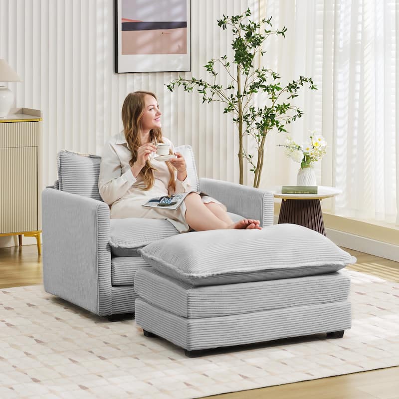 Corduroy Single Sofa Chair, including a Removable Ottoman