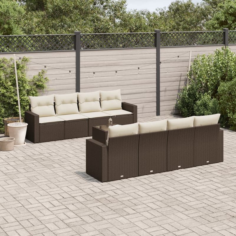 vidaXL Patio Sofa Set with Cushions Outdoor Furniture 9 Piece Poly Rattan - 21.7 x 21.7 x 14.6 - Brown and cream