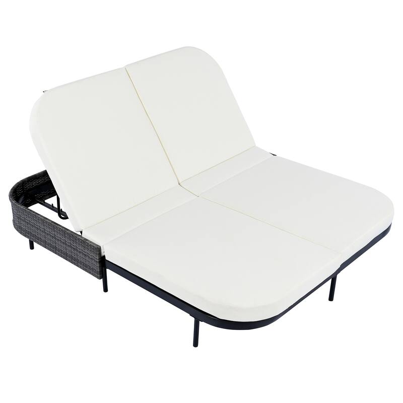 Outdoor Patio Iron Frame Double Daybed Sunbed with 5-Position Adjustable Backrest and Pillows