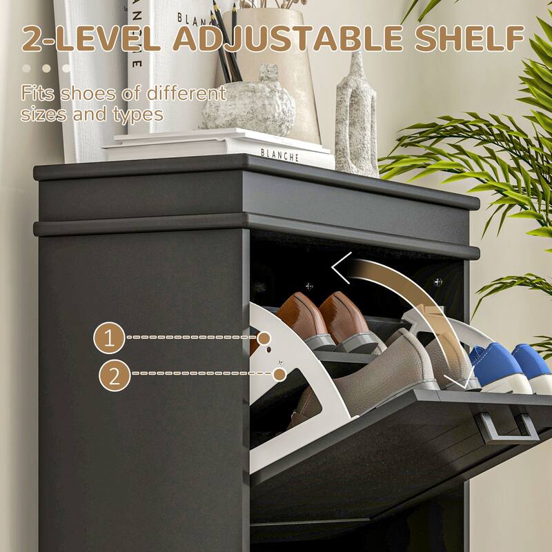 HOMCOM Shoe Cabinet for Entryway, Narrow Shoe Rack Storage Organizer with 2 Flip Drawers and Adjustable Shelves