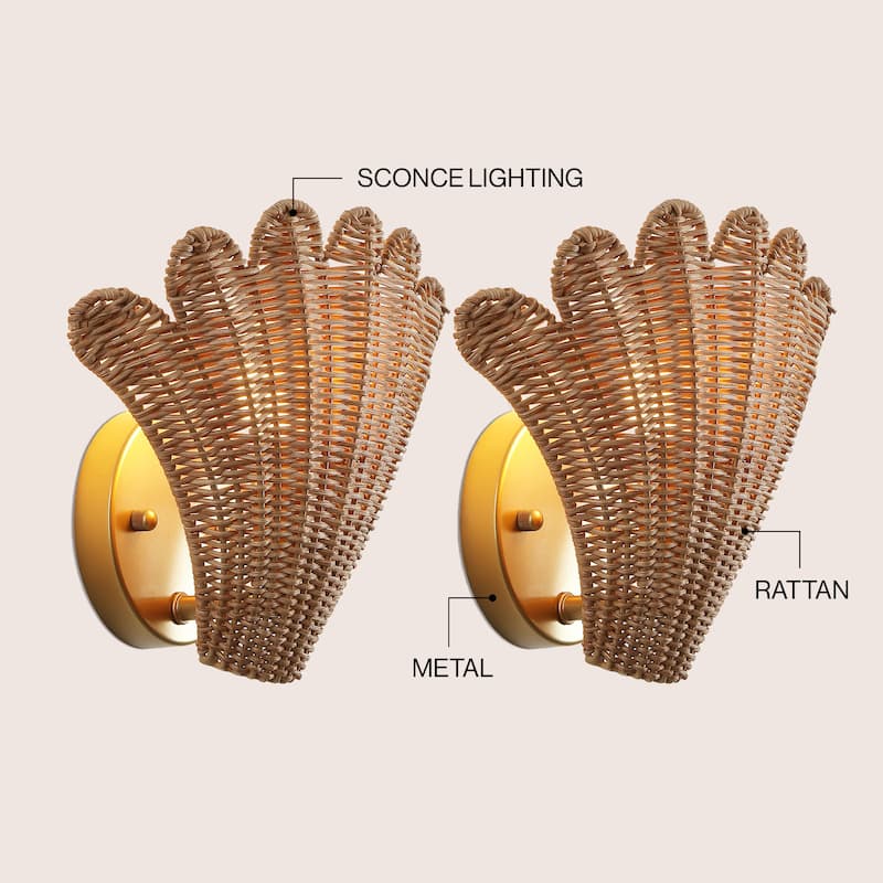 Elodie 11.5" Coastal 1-Light Rattan Scallop Shell LED Wall Sconce, (Set of 2)